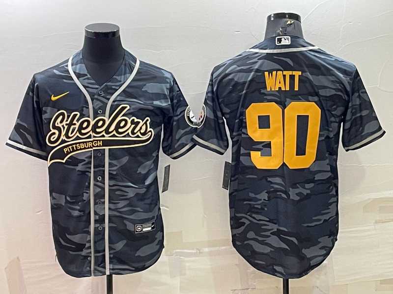Men's Pittsburgh Steelers #90 TJ Watt Grey Navy Camo With Patch Cool Base Stitched Baseball Jersey,We sell and wholesale Men's Pittsburgh Steelers #90 TJ Watt Grey Navy Camo With Patch Cool Base Stitched Baseball Jersey on line form chian!